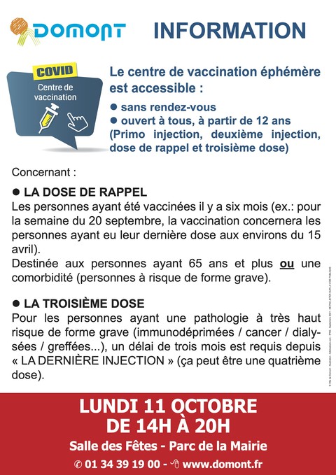 Affiche infos centre vaccination éphémère 11 oct 2021 Affiche infos centre vaccination éphémère 11 oct 2021