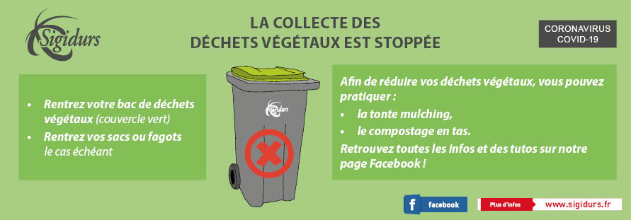 Bandeau collecte déchets verts stoppée Sigidurs Covid19 mars 2020 Bandeau collecte déchets verts stoppée Sigidurs Covid19 mars 2020