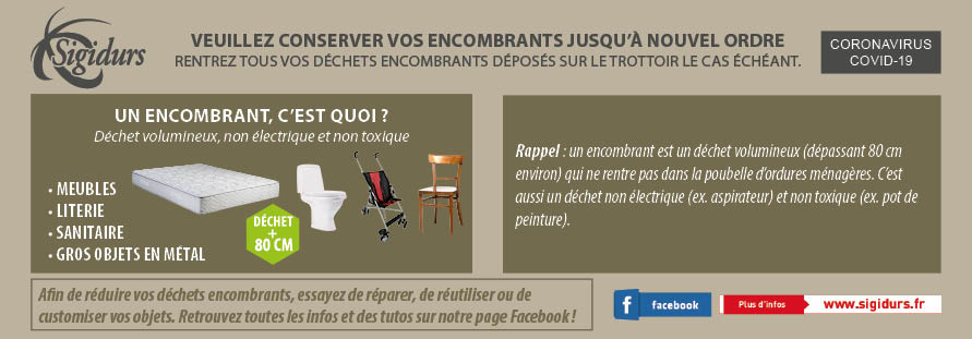Bandeau collecte encombrants stoppée Sigidurs Covid19 mars 2020 Bandeau collecte encombrants stoppée Sigidurs Covid19 mars 2020