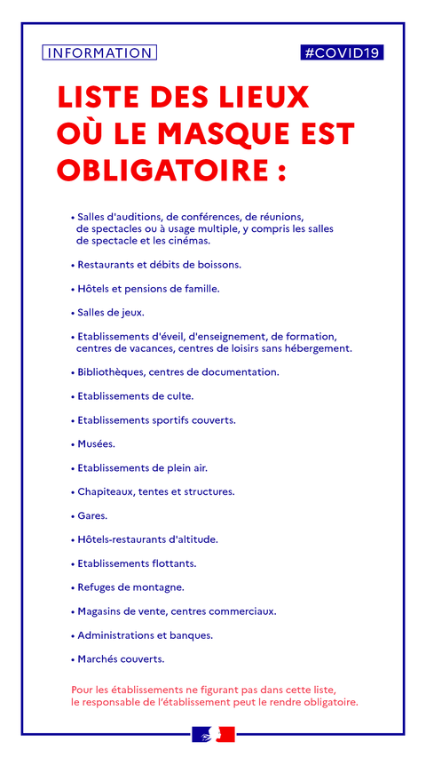 Liste lieux obligatoire port masque 20-07-20