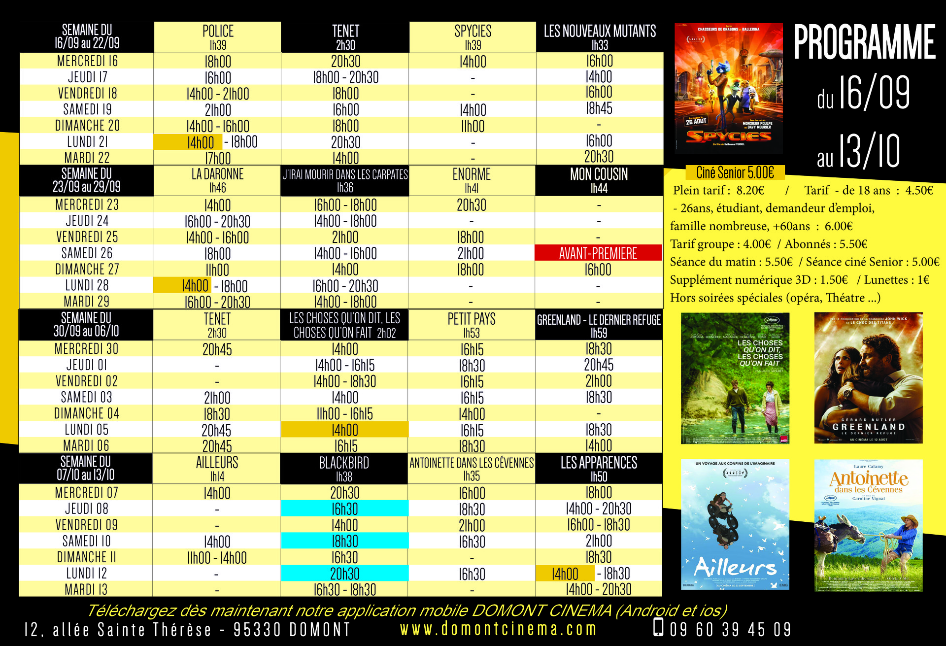 Programme Cinéma du 16.09 au 13.10 Programme Cinéma du 16.09 au 13.10