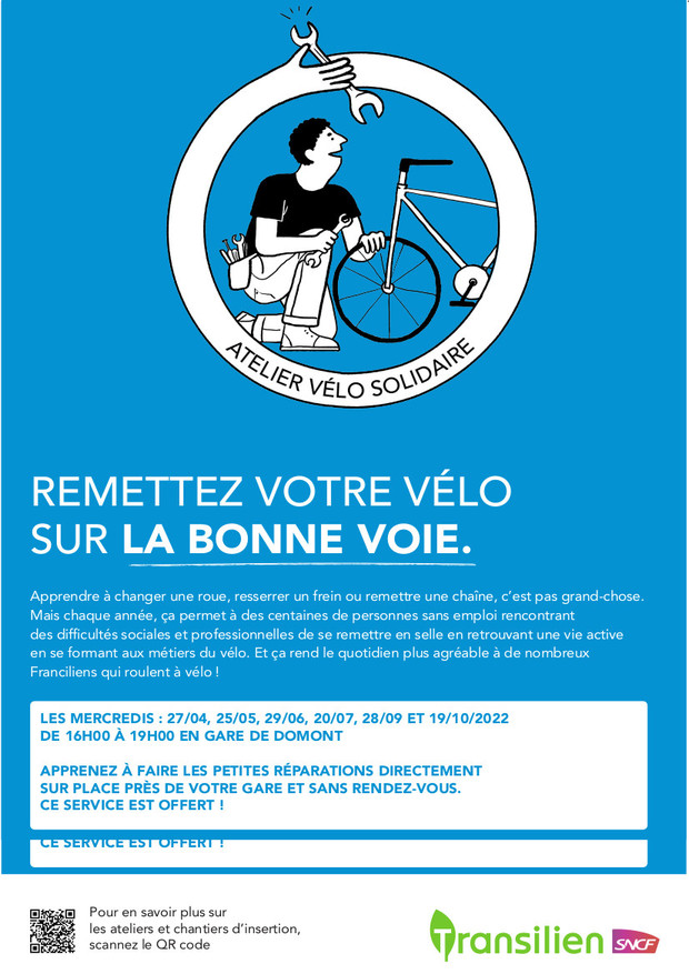 Affiche atelier vélo solidaire gare de Domont 2022