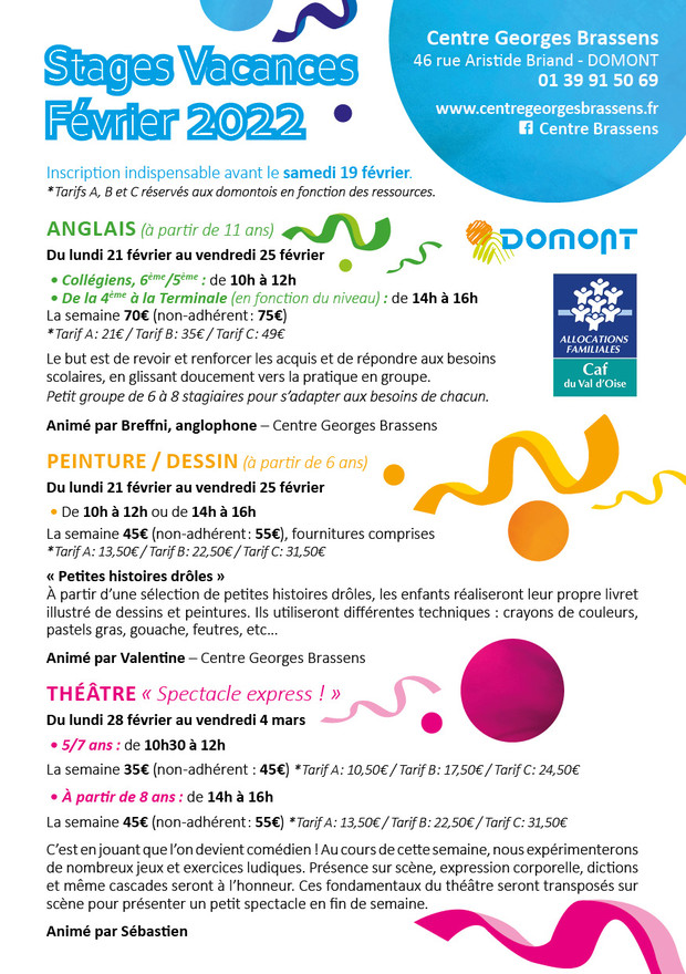Programme Brassens stages enfants vacances hiver 2022 1 Programme Brassens stages enfants vacances hiver 2022 1