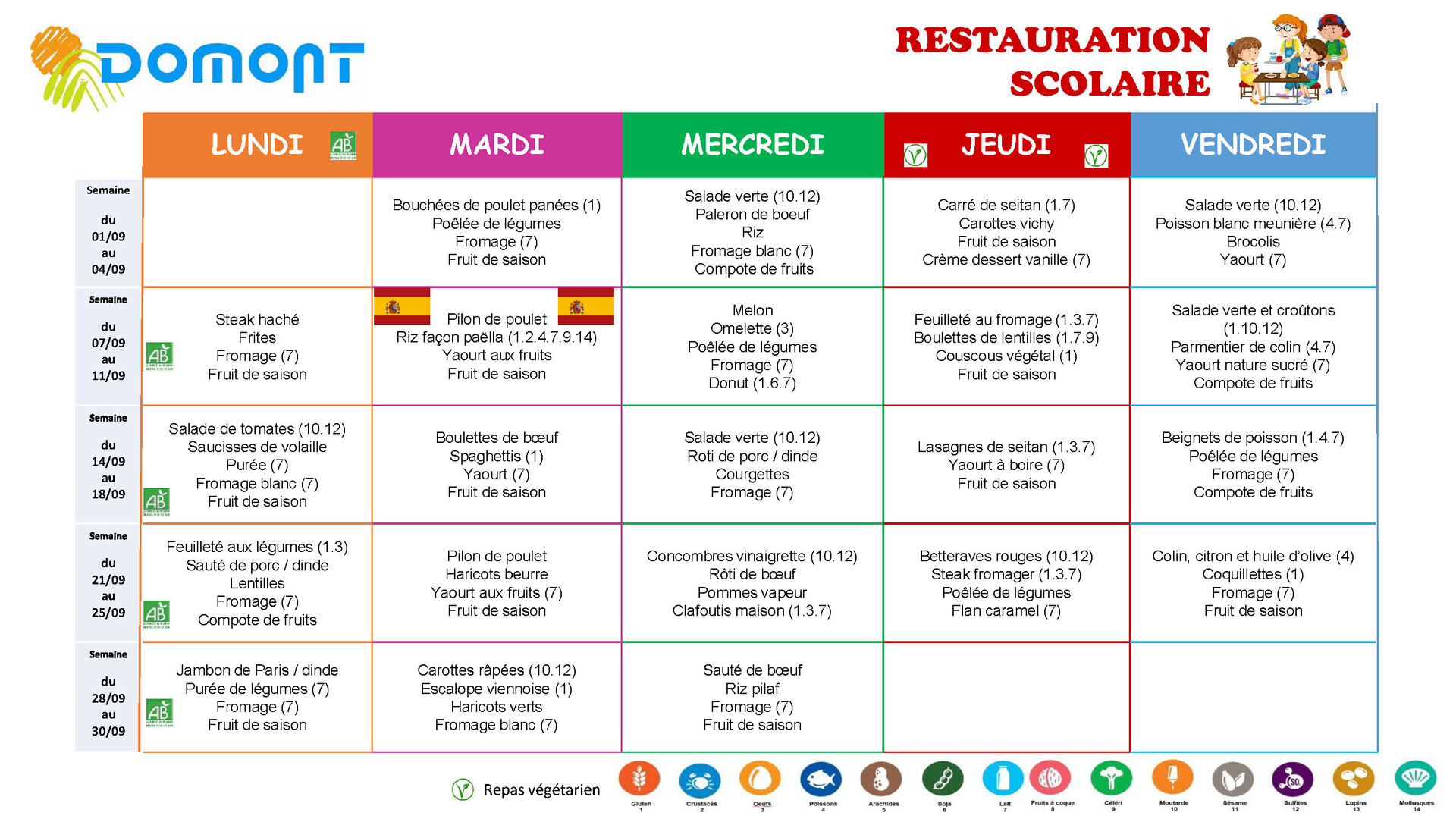 MENU SEPTEMBRE 2026