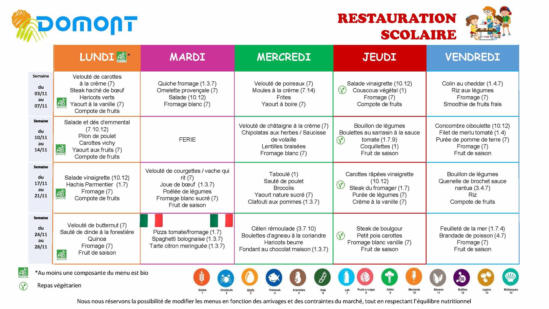 Menu cantine Novembre 2025 